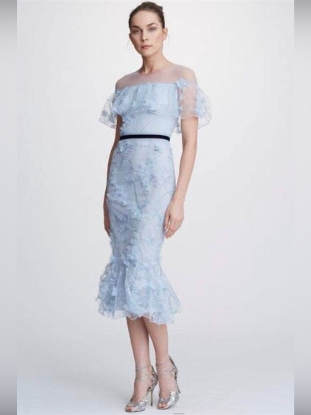 MARCHESA NOTTE LIGHT BLUE 3-D FLORAL EMBROIDERED BELTED MERMAID MIDI DRESS Sz 4